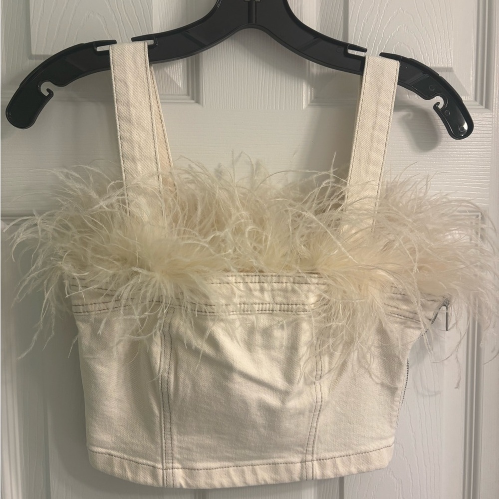 Designer NWT White/Cream Feather Trim Crop Top